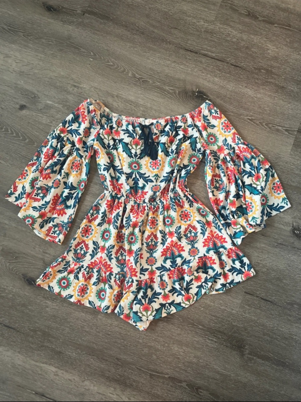 Flying Tomato Off-Shoulder Floral Tunic in White, Coral & Teal